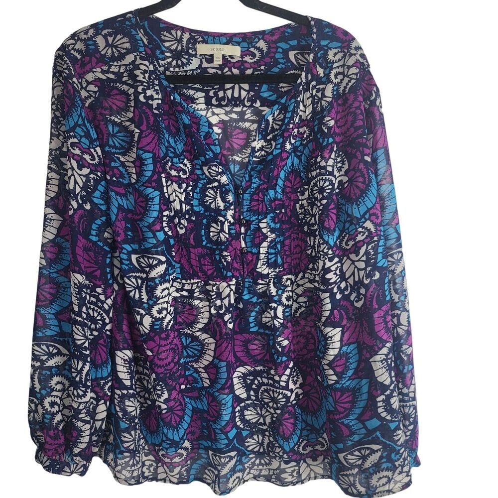 Sejour Blouse 16 Womens Plus Size V Neck Long Sleeve Sheer Multicolor Pullover